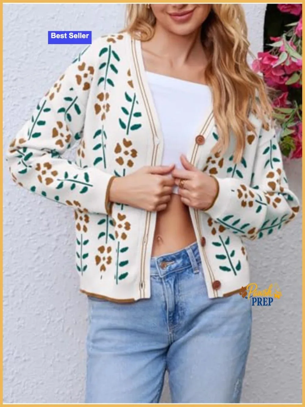 Women's Floral Print V-Neck Cardigan Open Front Knit Sweater Long Sleeve Loose